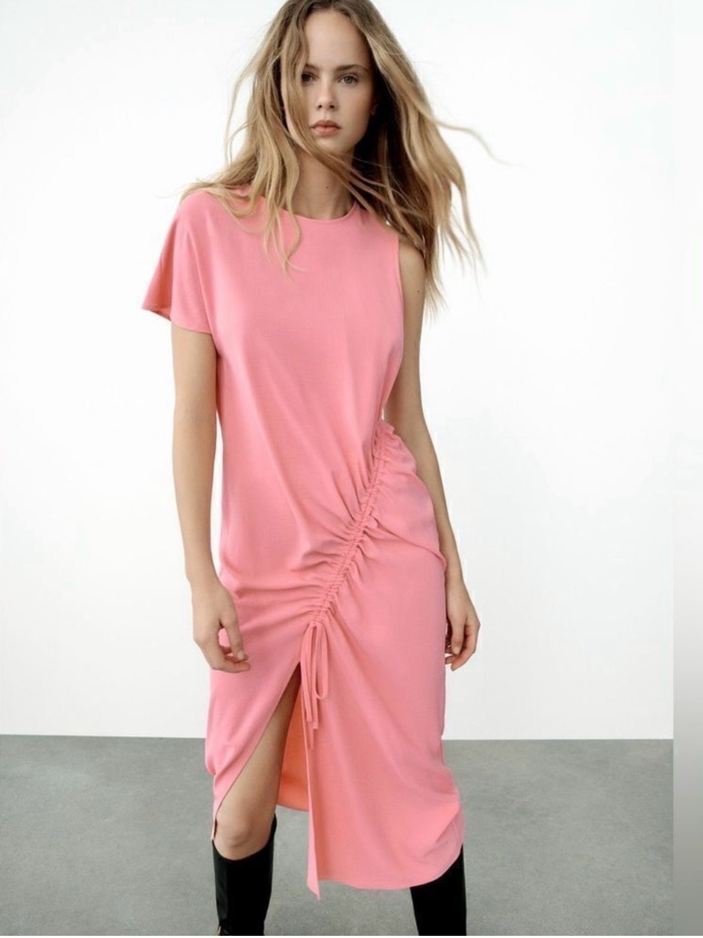 Zara Pink Asymmetrical Ruched Side-Tie Midi Dress